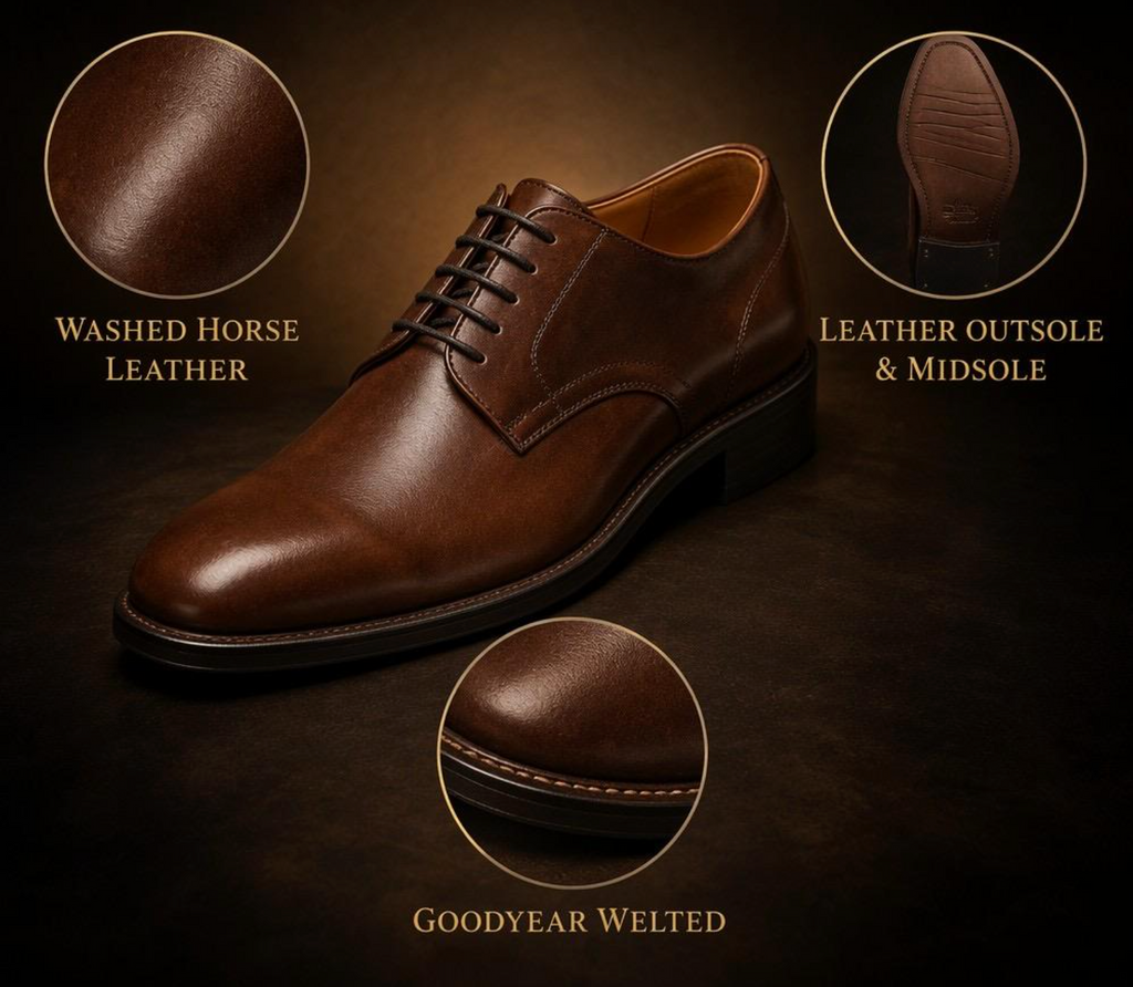 Washed Horse Leather Derby Dress Shoes for Men