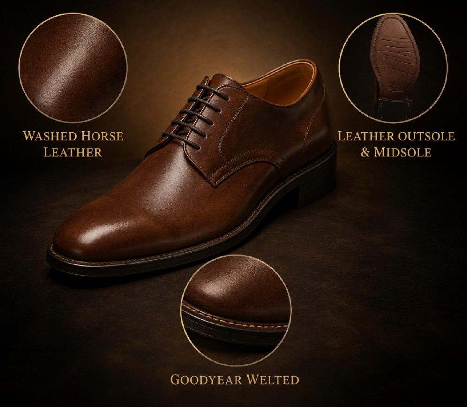 Washed Horse Leather Derby Dress Shoes for Men