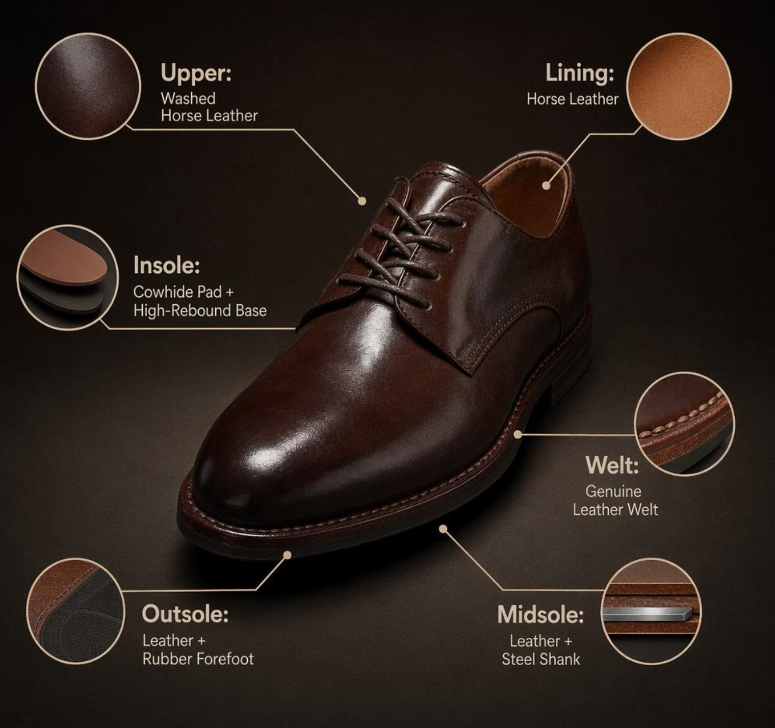 Washed Horse Leather Derby Dress Shoes for Men